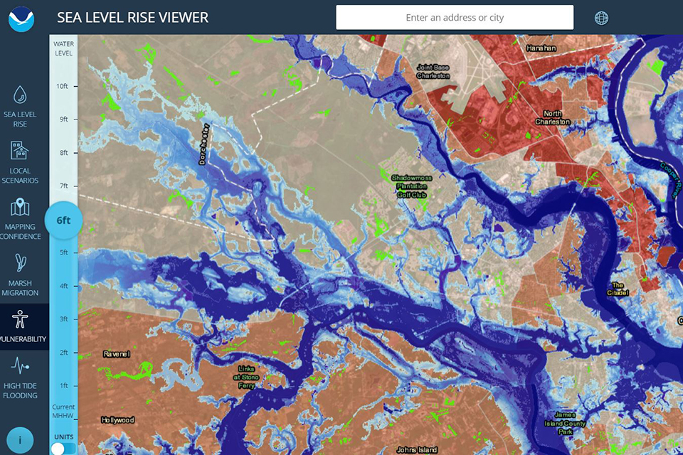map view of coastal South Carolina in the sea level rise viewer